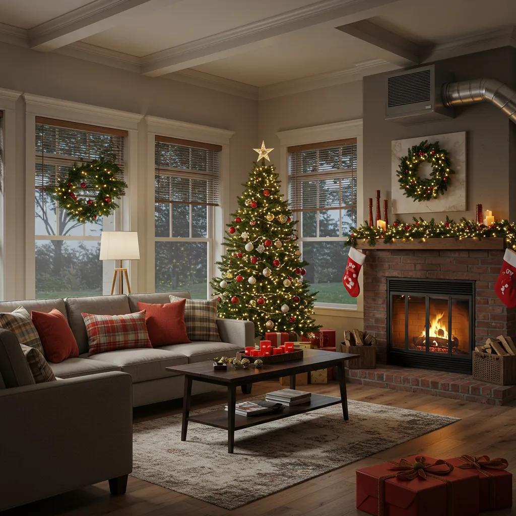 Festive living room with holiday decor and a visible HVAC unit