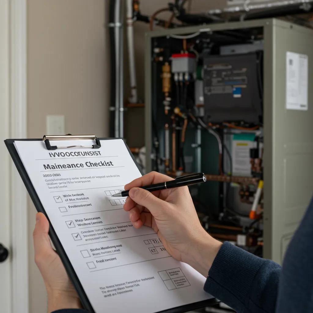 Someone checking an HVAC maintenance list in a home setting during the holidays