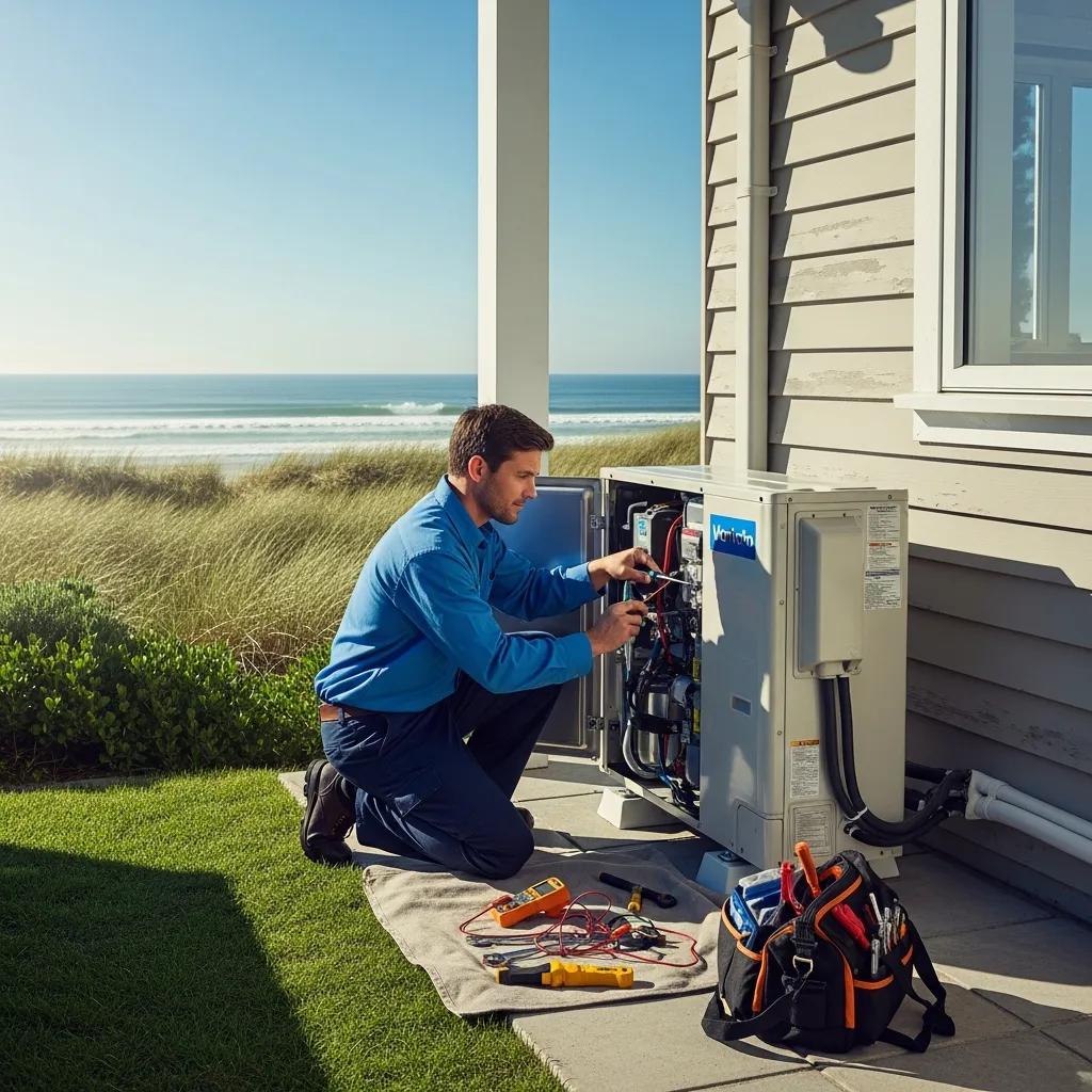 Technician performing heat pump maintenance in a coastal home, emphasizing energy efficiency