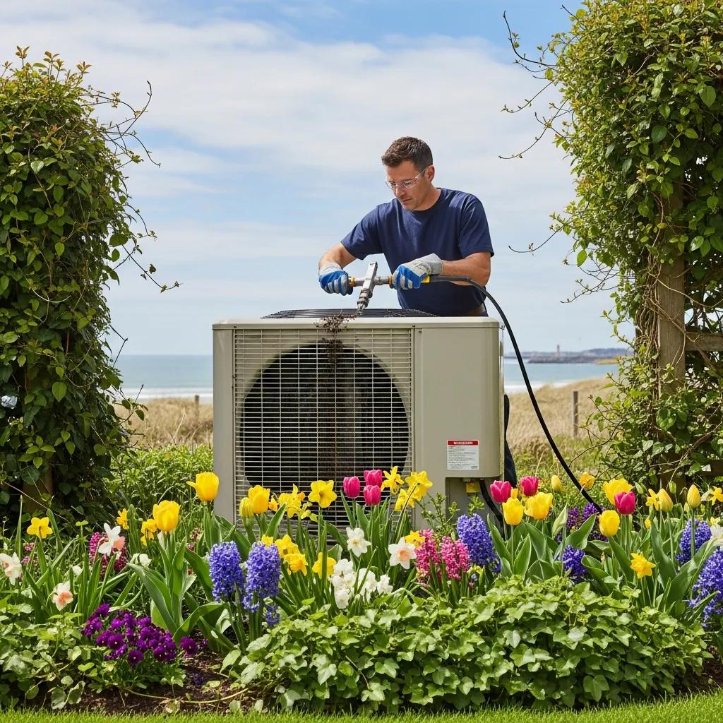Maximize Energy Efficiency with Heat Pump Maintenance Tips 2 Technician performing seasonal heat pump maintenance in a coastal setting to preserve efficiency