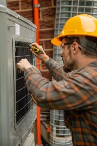 Technician checking a heat pump unit